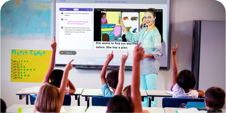 Teacher with smartboard and kids waiving hands