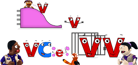 An illustration of three people playing with letter V and C